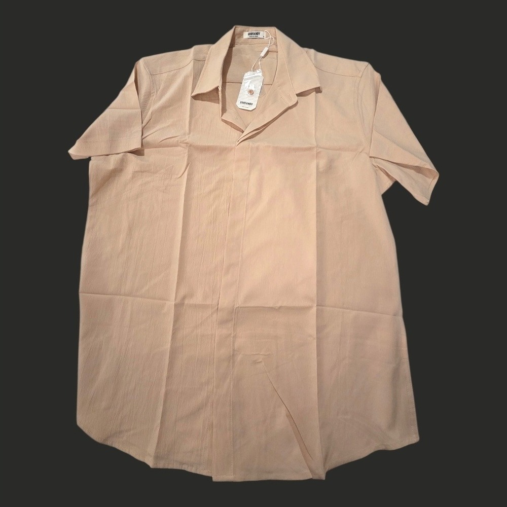 COOFANDY Men's Short Sleeve Linen Feel Camp Collar Shirt Beige‎ Size Medium